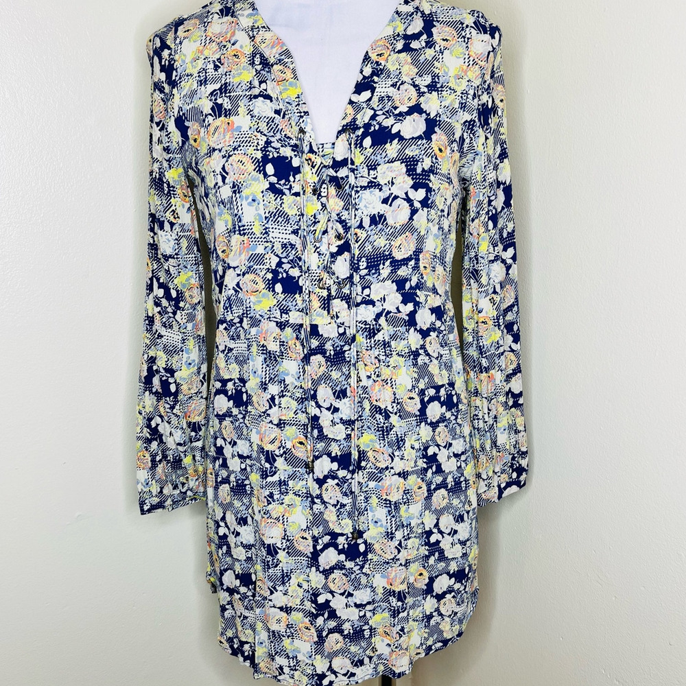 Skies are Blue Shift Dress XS Floral Peasant Lace Up Abstract Mini Long Sleeve